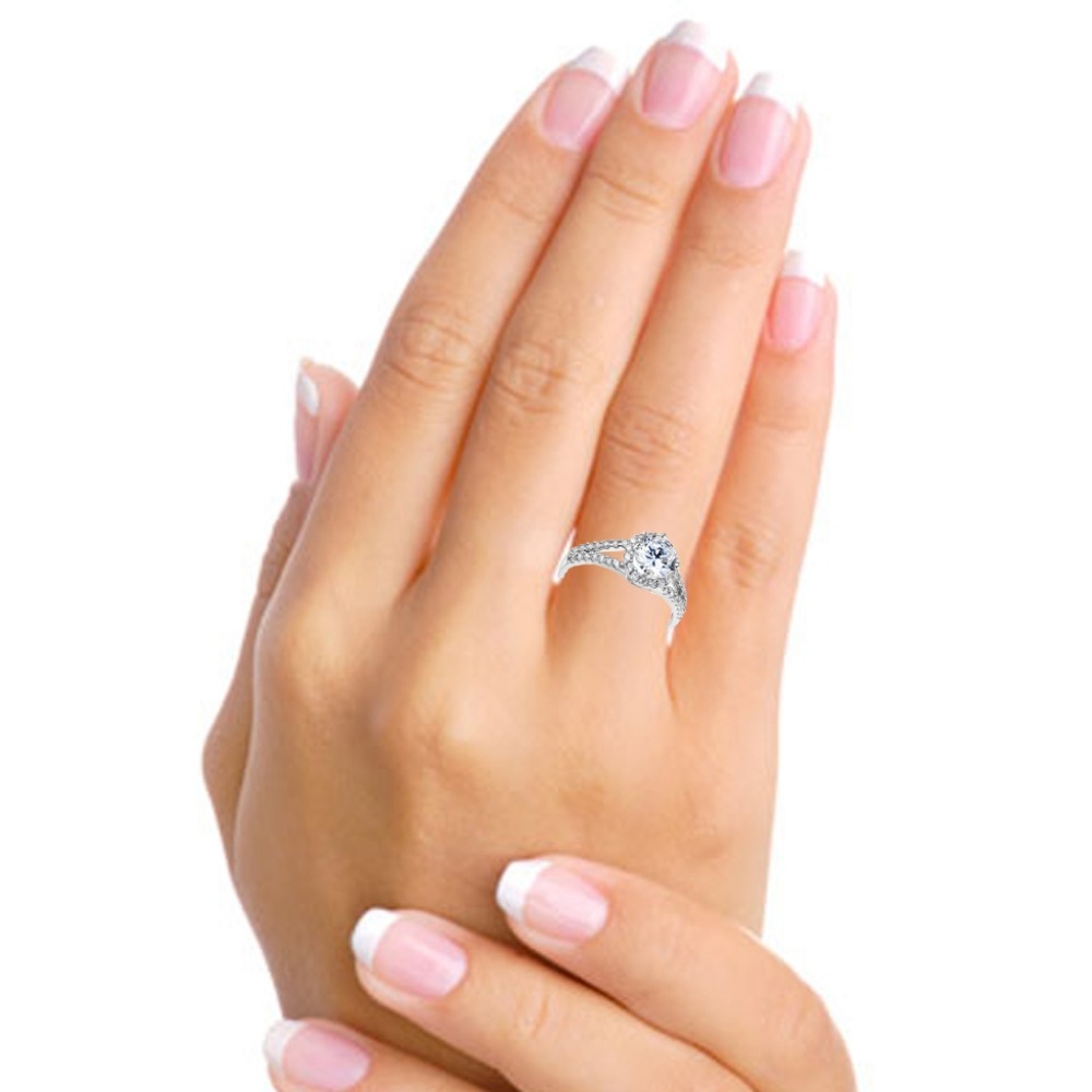 14k White Split Shank Halo 1-CT Round CZ Ring - Picture 2 of 6